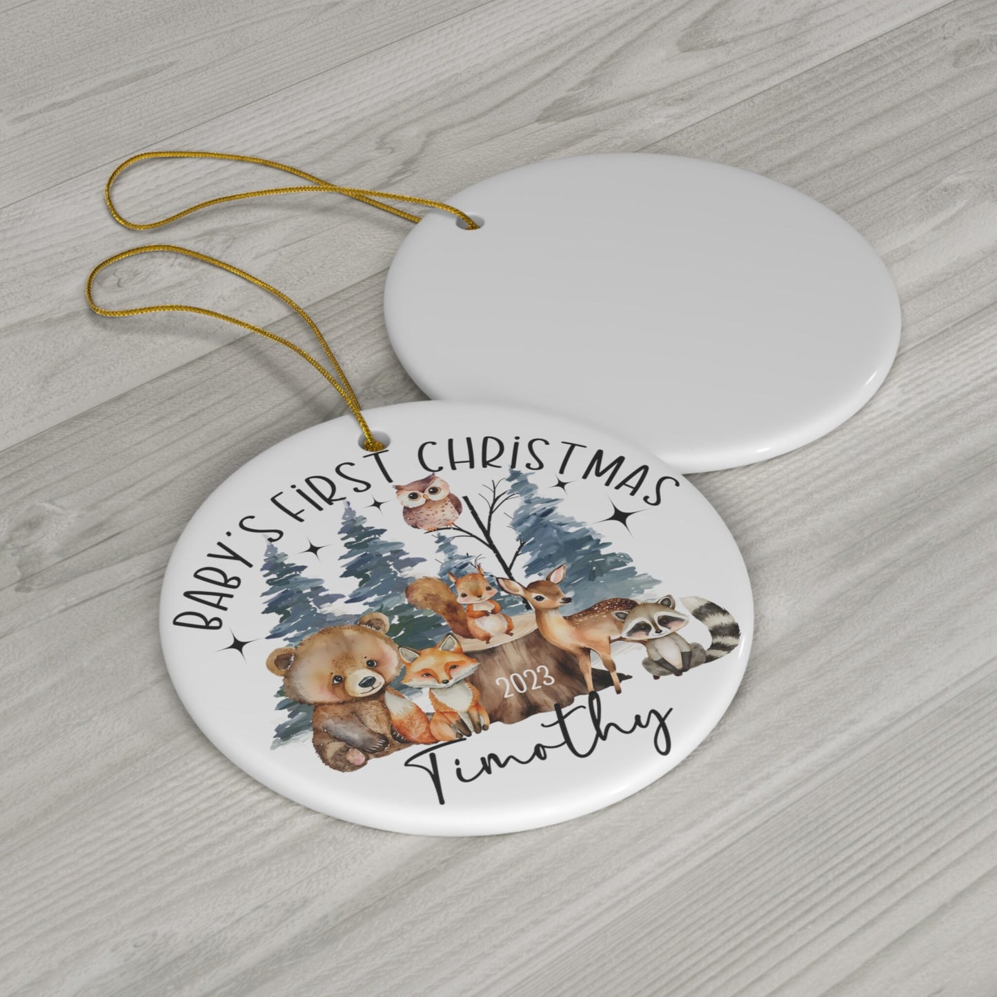 Woodland Baby's First Christmas Ornament, Personalized First Christmas Ornament, Forest Animals 1st Christmas Ornament Holiday Nursery Decor