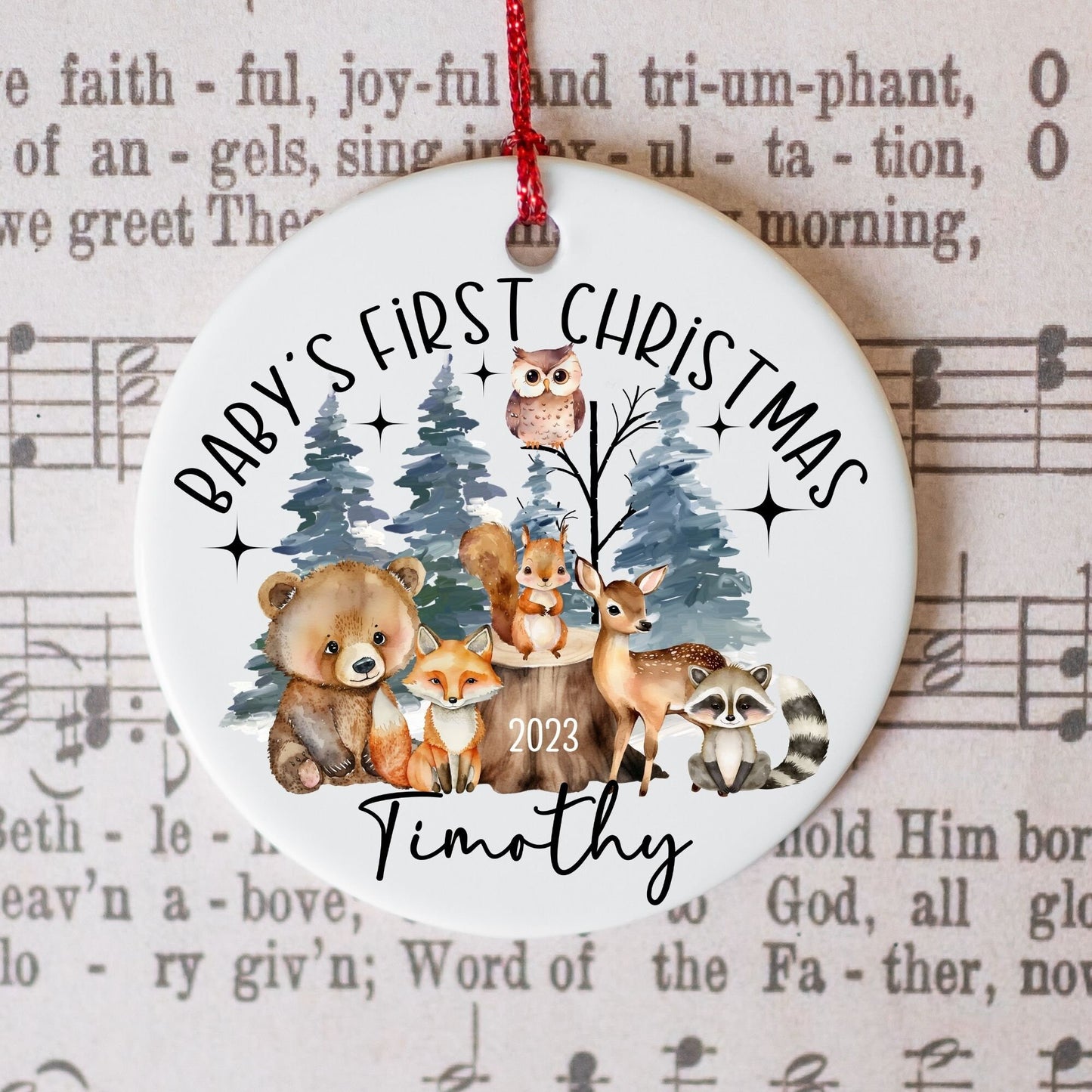 Woodland Baby's First Christmas Ornament, Personalized First Christmas Ornament, Forest Animals 1st Christmas Ornament Holiday Nursery Decor