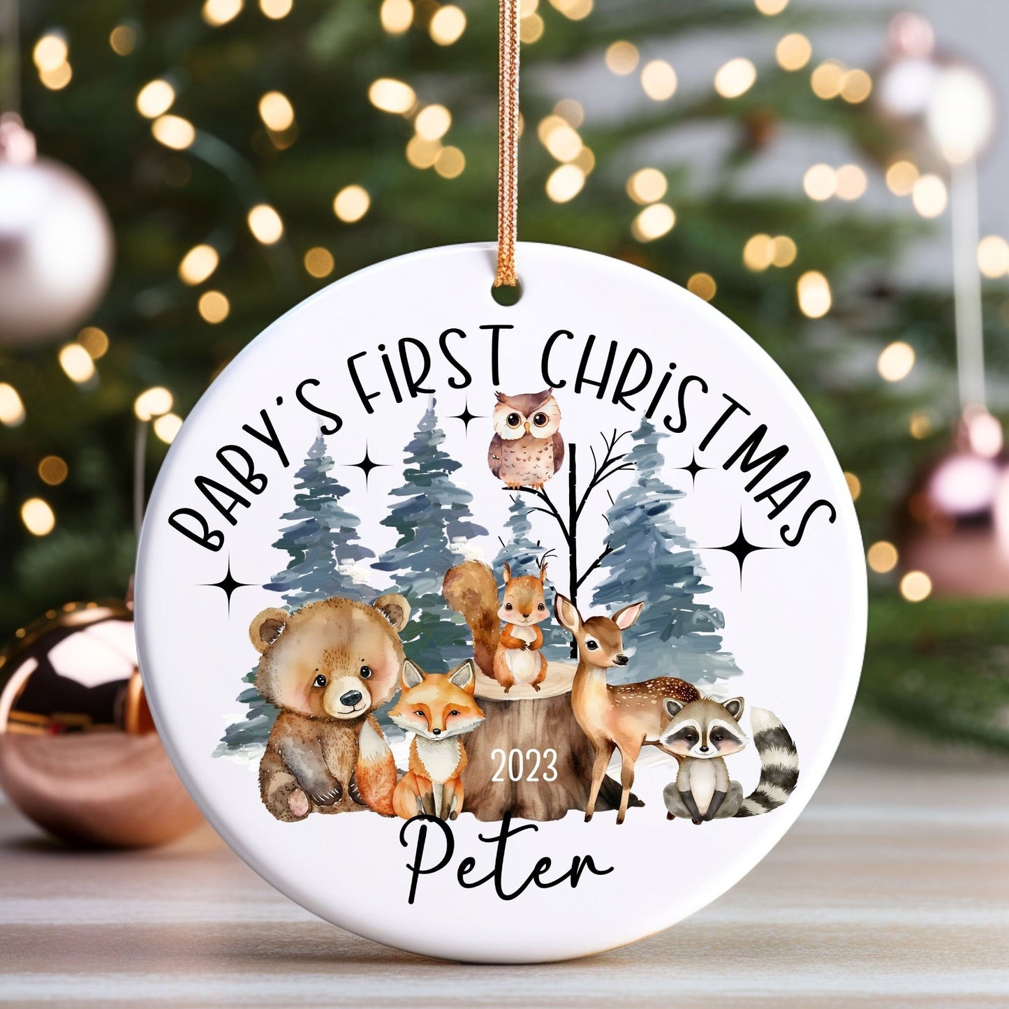 Woodland Baby's First Christmas Ornament, Personalized First Christmas Ornament, Forest Animals 1st Christmas Ornament Holiday Nursery Decor