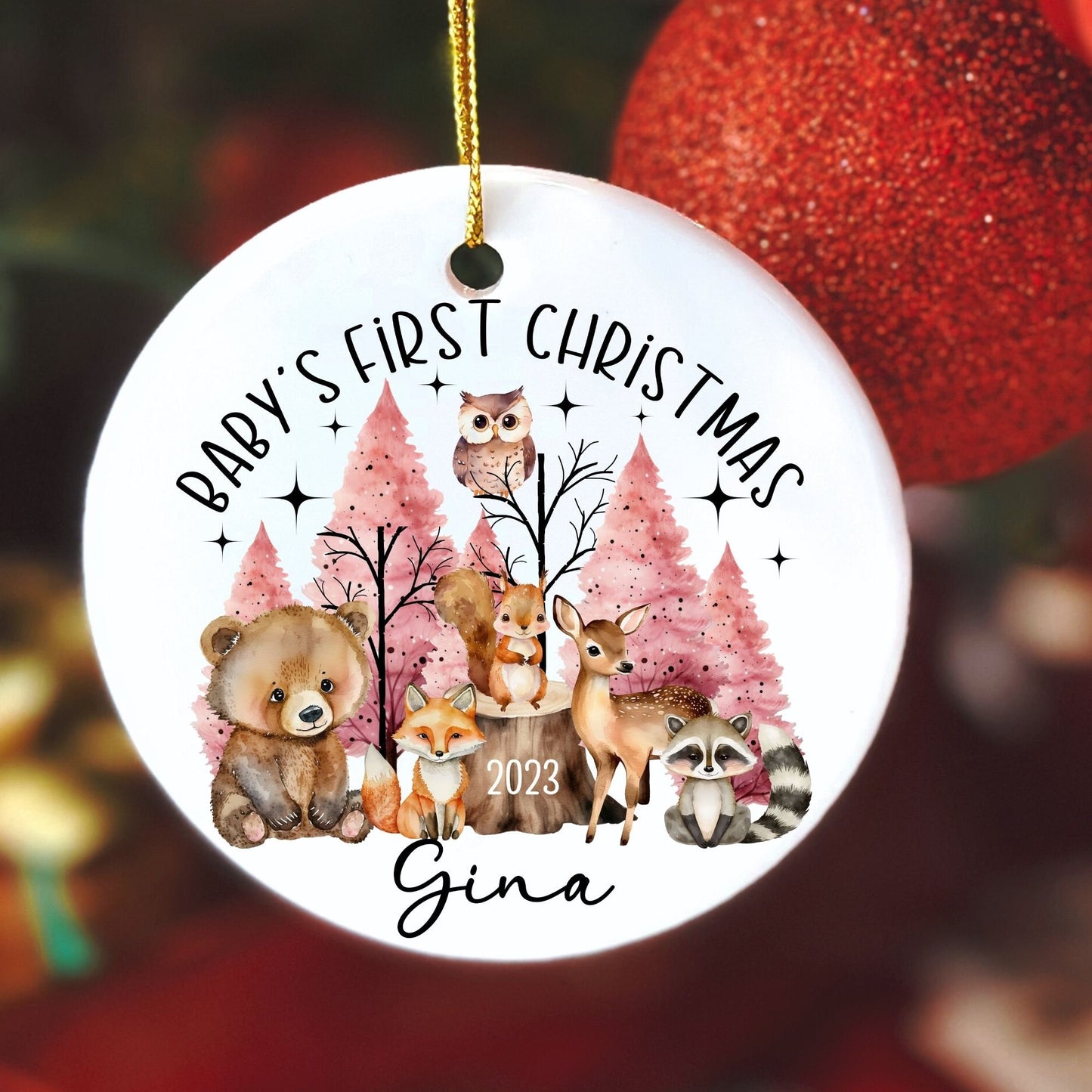 Personalized First Christmas Ornament, Woodland Baby's First Christmas Ornament, Forest Animals Nursery Decor,Custom 1st Christmas Ornament