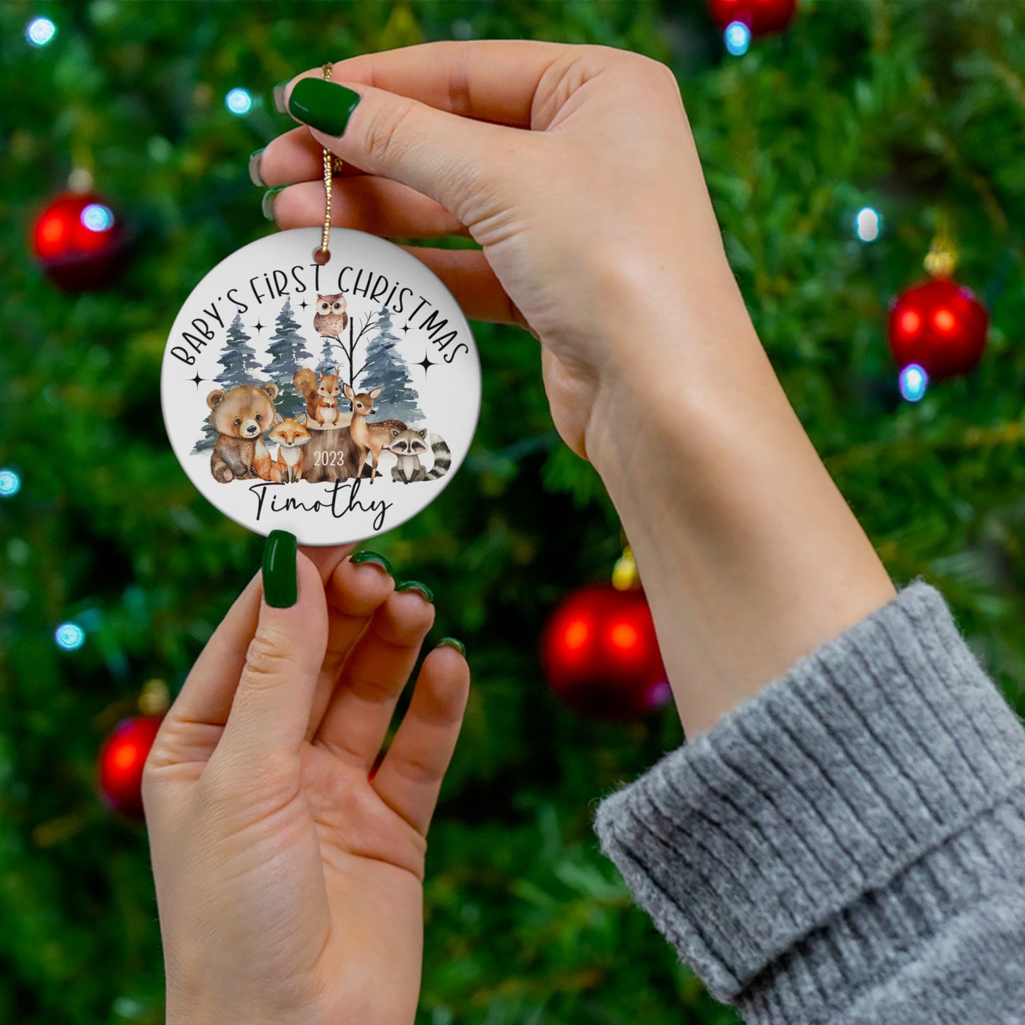 Woodland Baby's First Christmas Ornament, Personalized First Christmas Ornament, Forest Animals 1st Christmas Ornament Holiday Nursery Decor