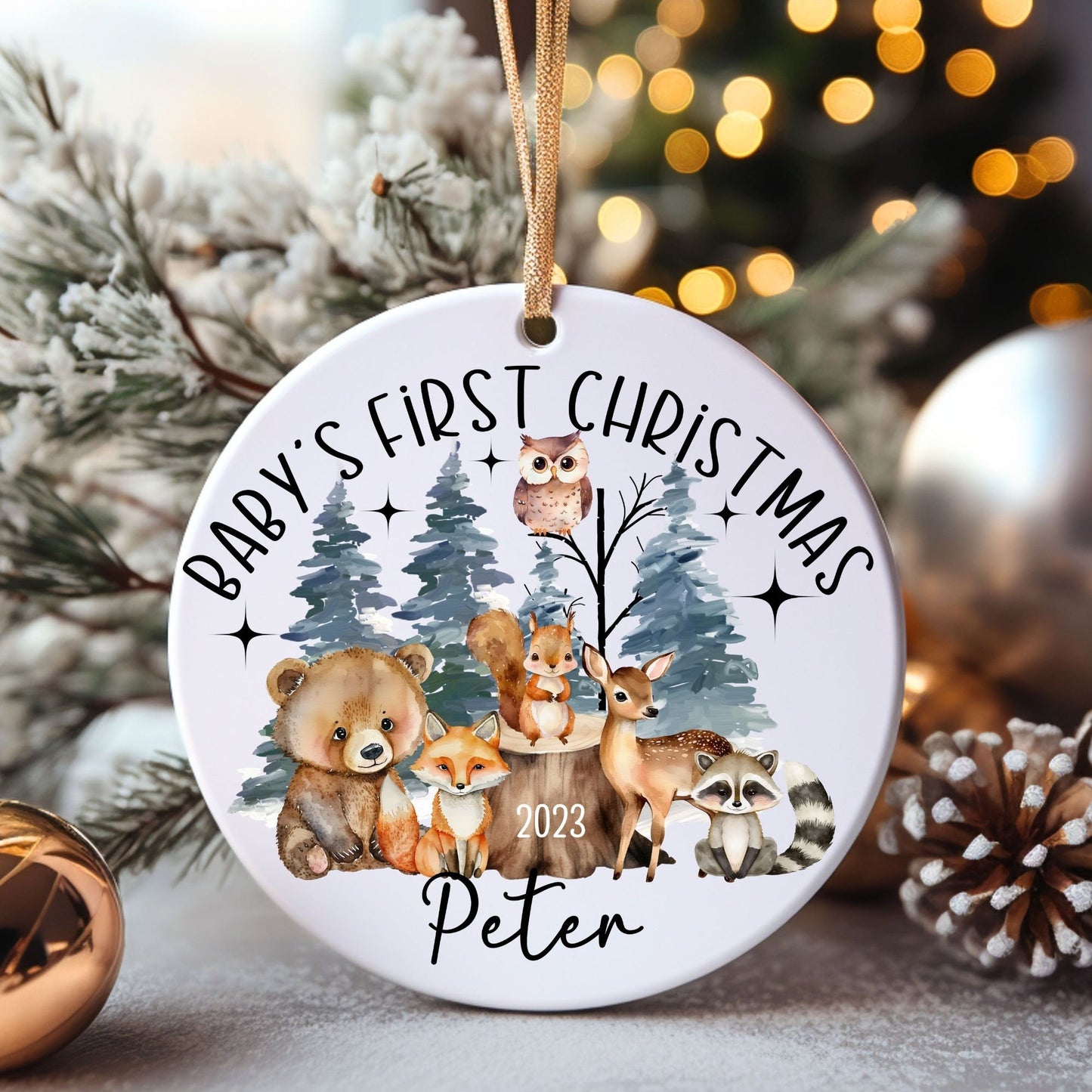 Woodland Baby's First Christmas Ornament, Personalized First Christmas Ornament, Forest Animals 1st Christmas Ornament Holiday Nursery Decor