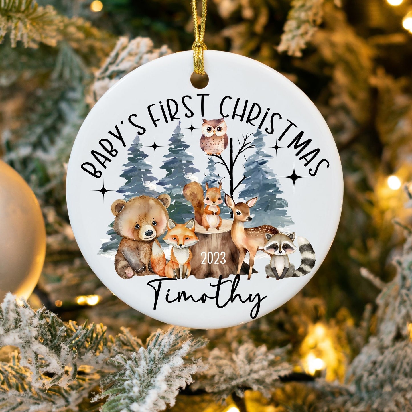 Woodland Baby's First Christmas Ornament, Personalized First Christmas Ornament, Forest Animals 1st Christmas Ornament Holiday Nursery Decor