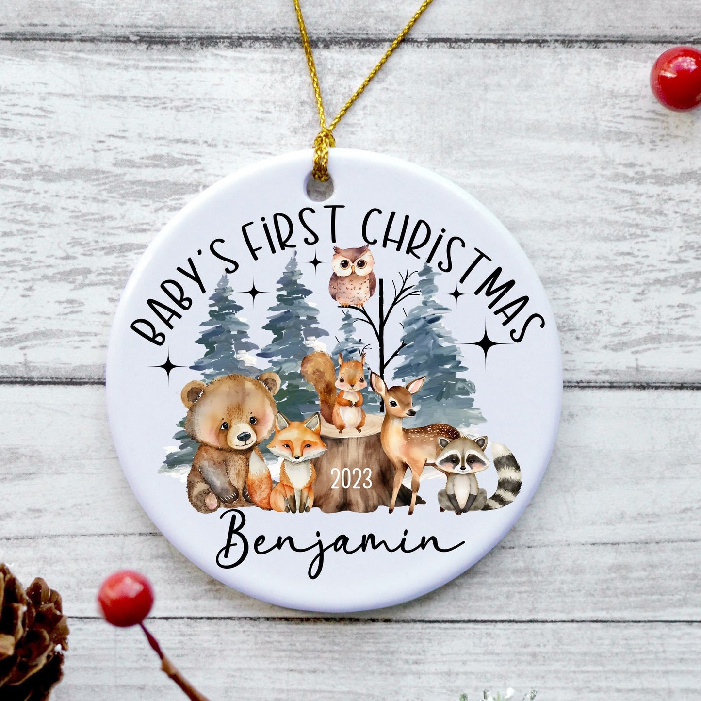Woodland Baby's First Christmas Ornament, Personalized First Christmas Ornament, Forest Animals 1st Christmas Ornament Holiday Nursery Decor