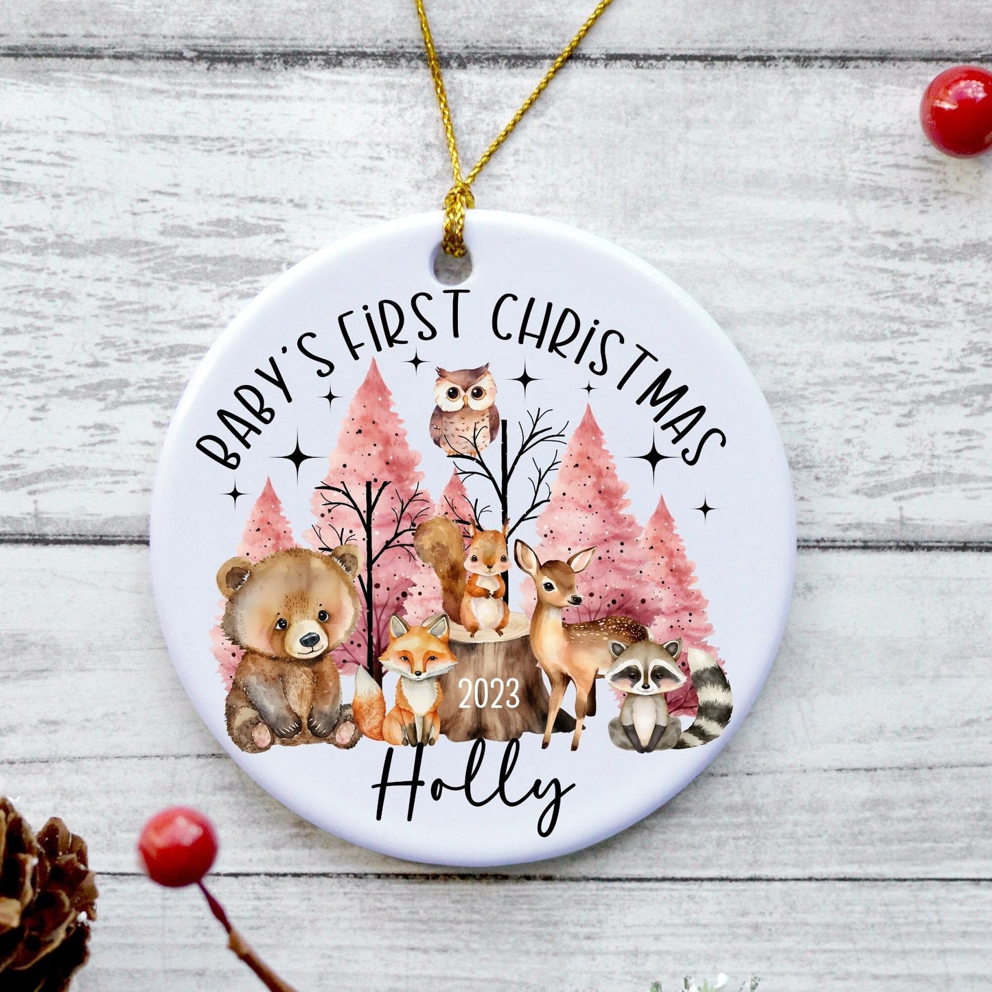 Personalized First Christmas Ornament, Woodland Baby's First Christmas Ornament, Forest Animals Nursery Decor,Custom 1st Christmas Ornament