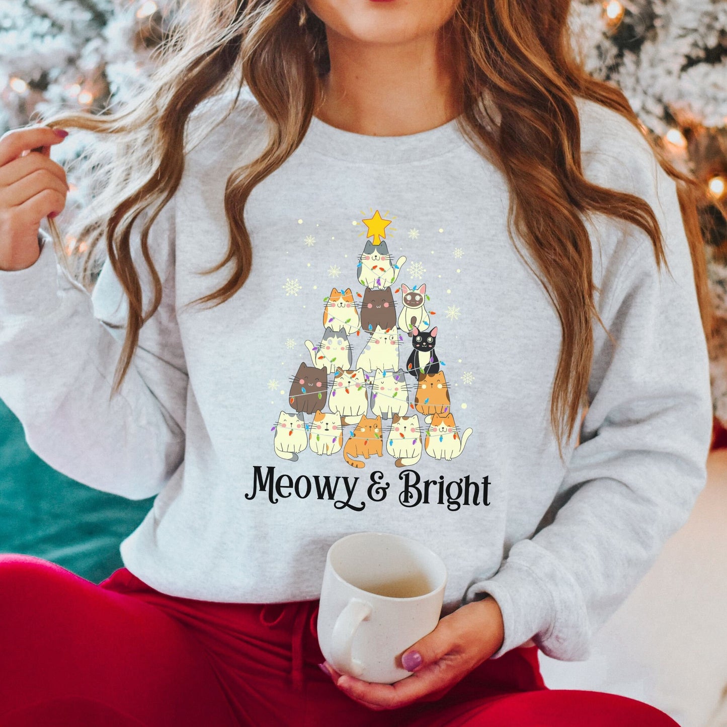 Meowy & Bright Christmas Sweatshirt, Cat Christmas Tree Pullover, Meowy Christmas Crewneck, Cat Mom Christmas Gift, Christmas Plus Size Gift
