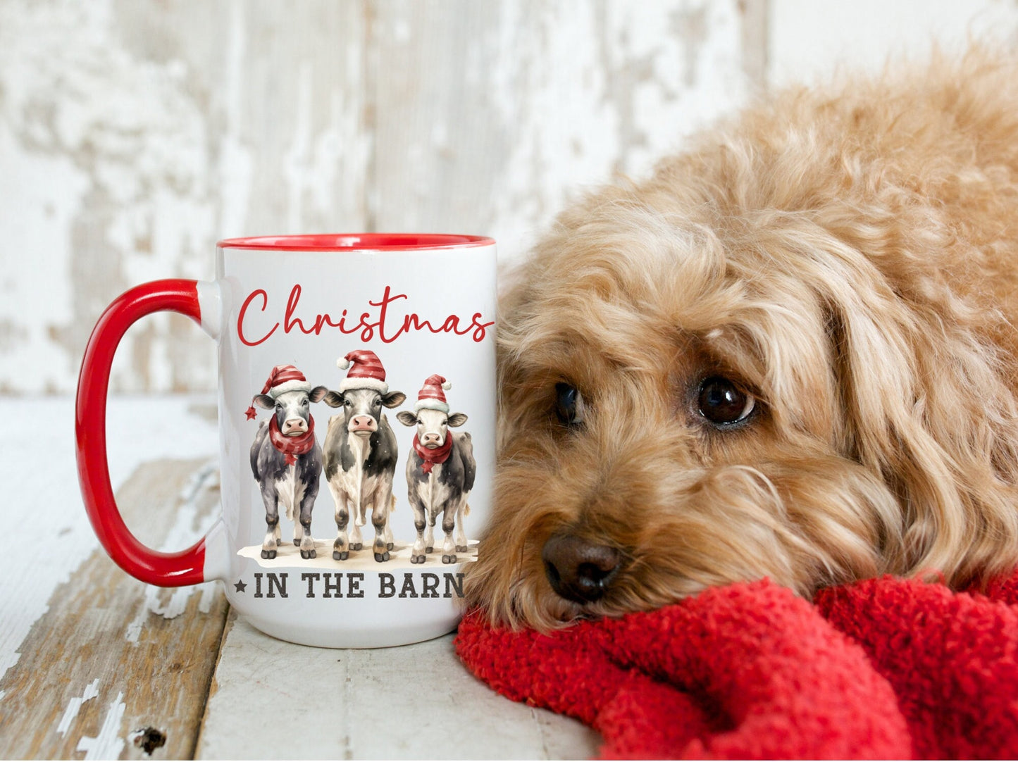 Christmas in the Barn, Coffee Mug, 15oz Mug, Country Christmas, Moo, Vintage Christmas, Gift for Her, Gift Him, Gift Farmer, Hot Chocolate