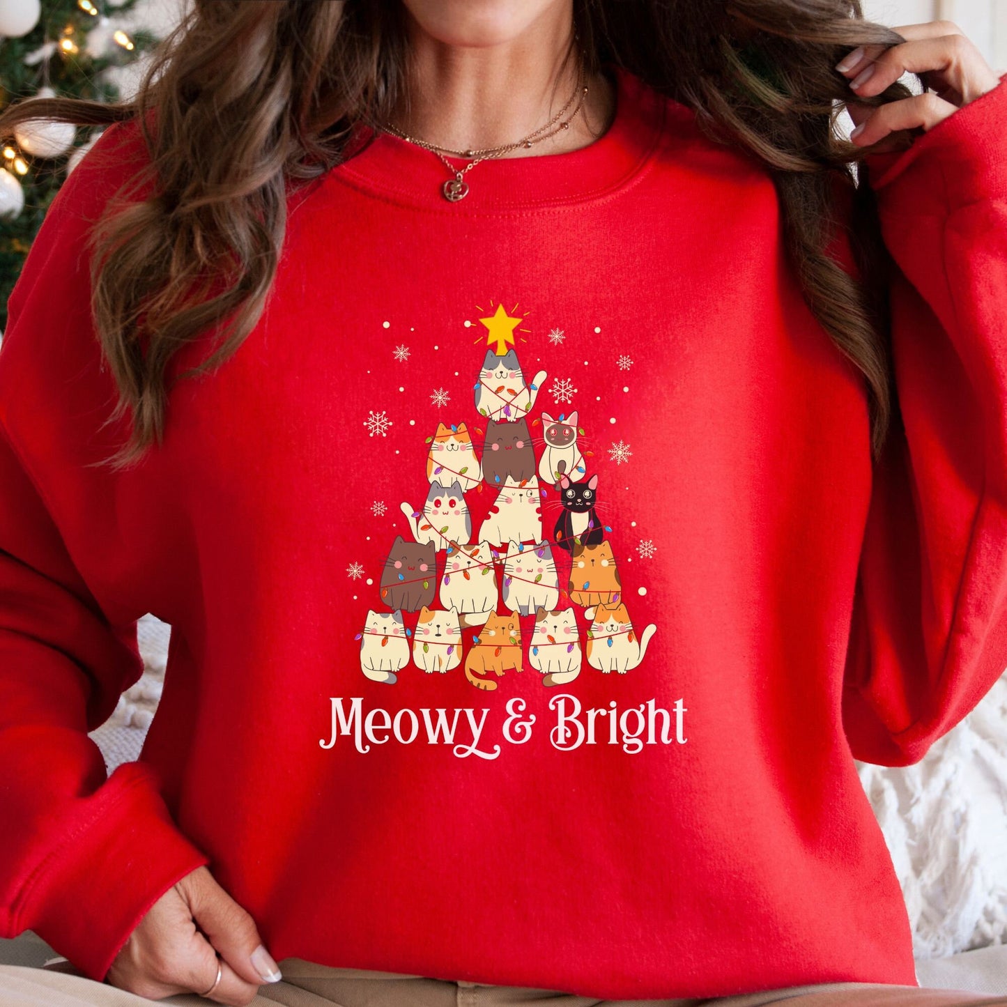 Meowy & Bright Christmas Sweatshirt, Cat Christmas Tree Pullover, Meowy Christmas Crewneck, Cat Mom Christmas Gift, Christmas Plus Size Gift