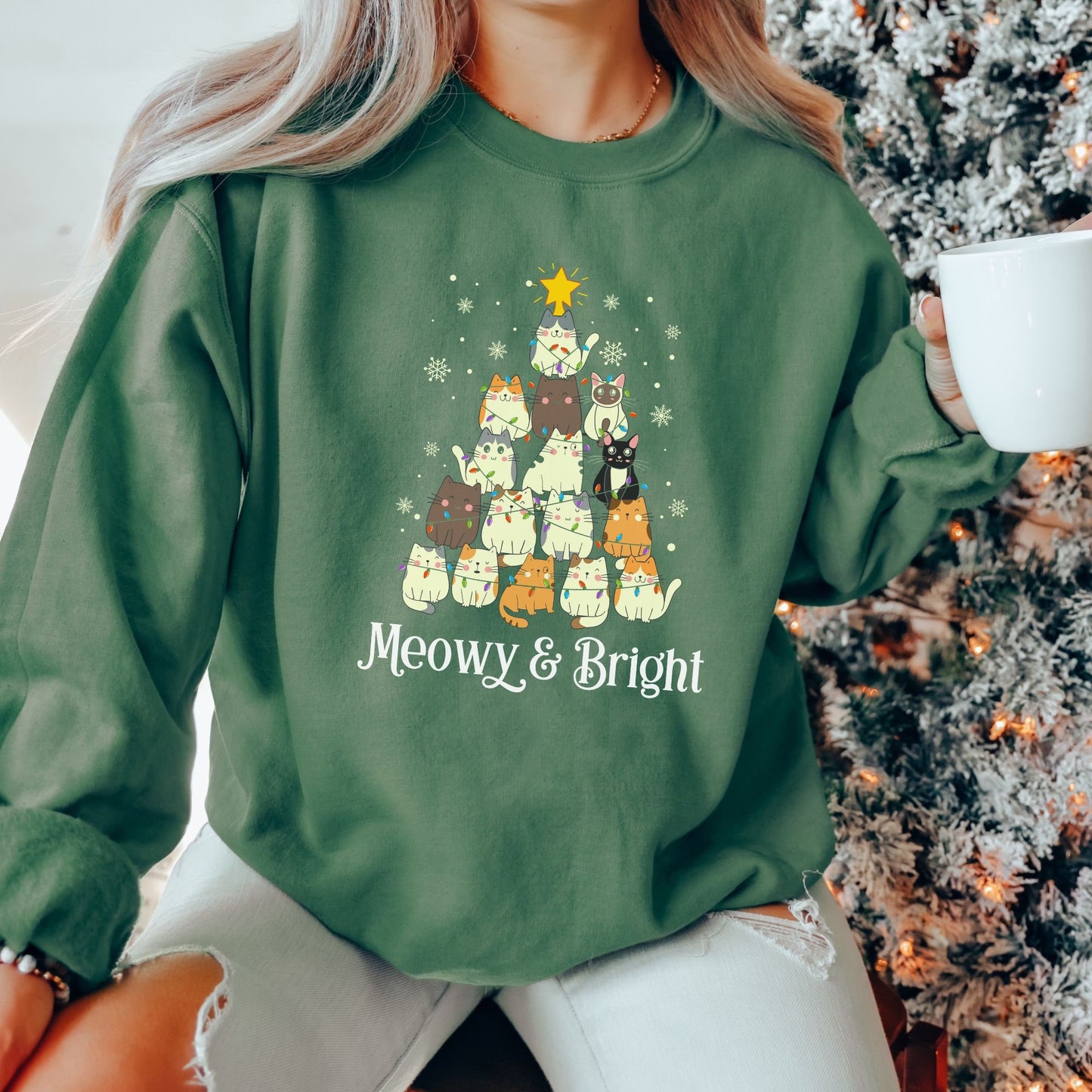Meowy & Bright Christmas Sweatshirt, Cat Christmas Tree Pullover, Meowy Christmas Crewneck, Cat Mom Christmas Gift, Christmas Plus Size Gift