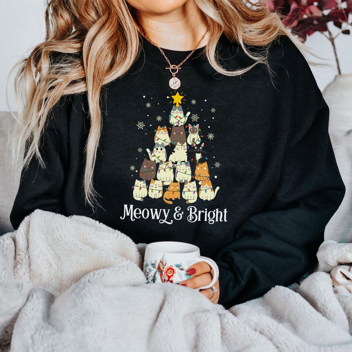 Meowy & Bright Christmas Sweatshirt, Cat Christmas Tree Pullover, Meowy Christmas Crewneck, Cat Mom Christmas Gift, Christmas Plus Size Gift