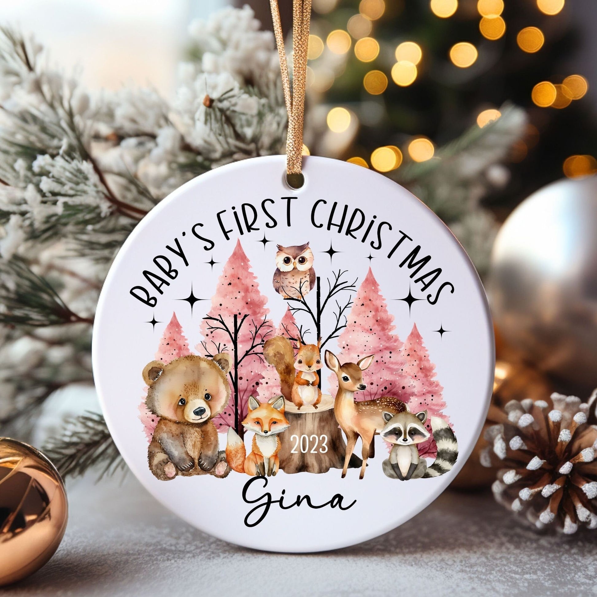 Personalized First Christmas Ornament, Woodland Baby's First Christmas Ornament, Forest Animals Nursery Decor,Custom 1st Christmas Ornament