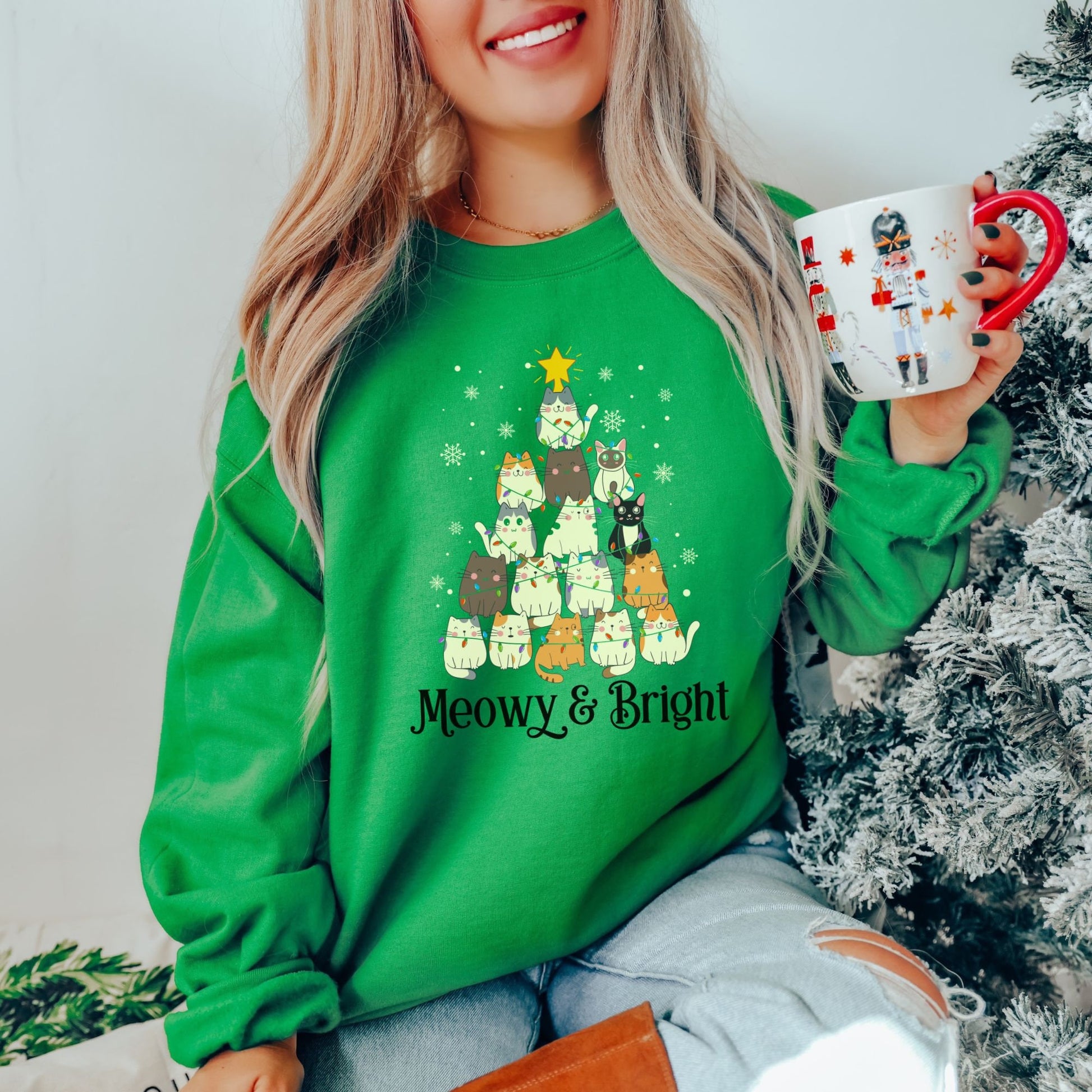 Meowy & Bright Christmas Sweatshirt, Cat Christmas Tree Pullover, Meowy Christmas Crewneck, Cat Mom Christmas Gift, Christmas Plus Size Gift