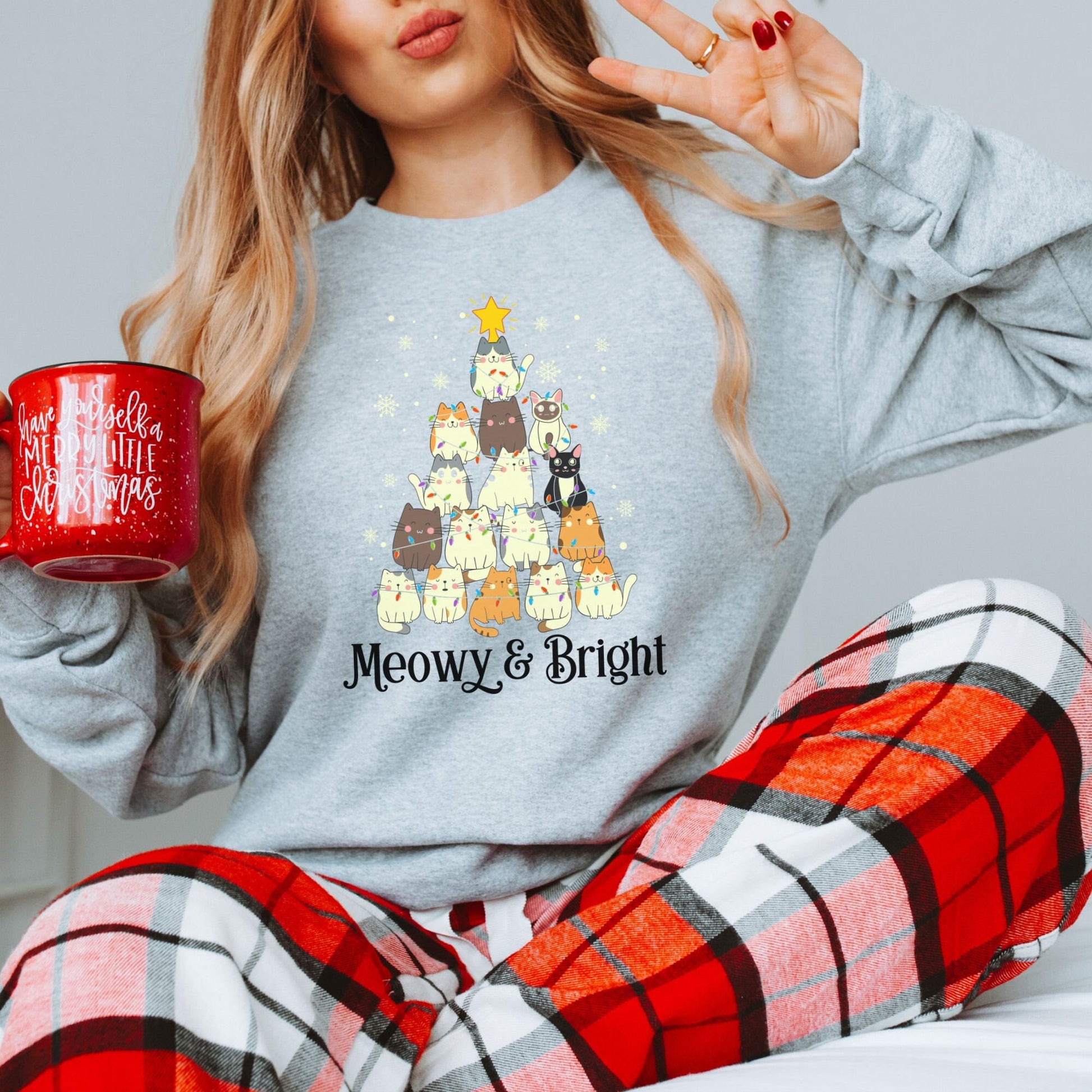 Meowy & Bright Christmas Sweatshirt, Cat Christmas Tree Pullover, Meowy Christmas Crewneck, Cat Mom Christmas Gift, Christmas Plus Size Gift