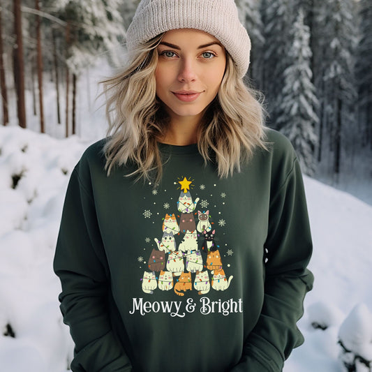 Meowy & Bright Christmas Sweatshirt, Cat Christmas Tree Pullover, Meowy Christmas Crewneck, Cat Mom Christmas Gift, Christmas Plus Size Gift