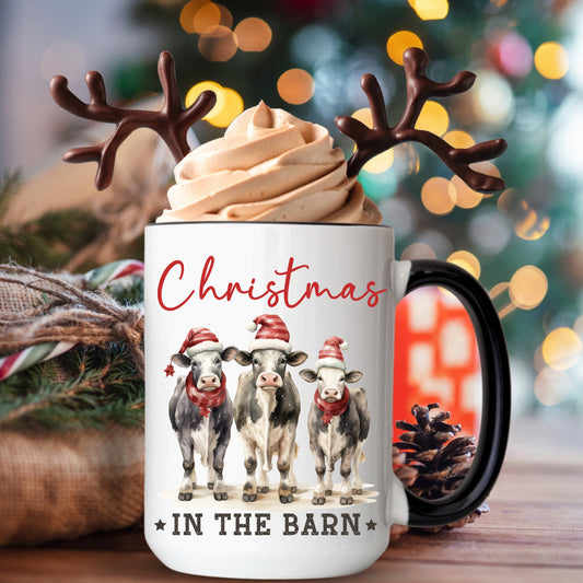 Christmas in the Barn, Coffee Mug, 15oz Mug, Country Christmas, Moo, Vintage Christmas, Gift for Her, Gift Him, Gift Farmer, Hot Chocolate