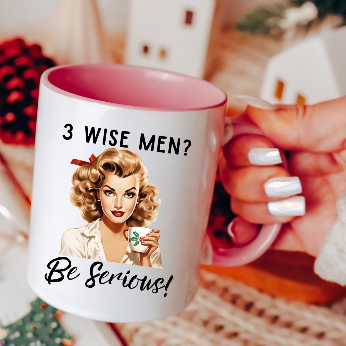 3 Wise Men Be Serious Coffee Mug, Christmas Party, 11 oz Coffee Mug, Funny Coffee Mug, Tea Mug, Pink Christmas, Birthday, Gift for Her